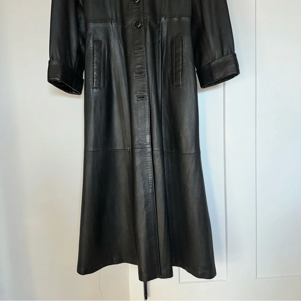 Besikler European Belted Full Length Leather Trench Coat Black size S - Picture 5 of 12
